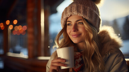 Young woman drinks a hot drink at a skier's cafe at the top of a mountain. - obrazy, fototapety, plakaty