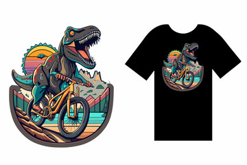 T-rex riding a Mountain bike on an downhill with a scenery showing mountains