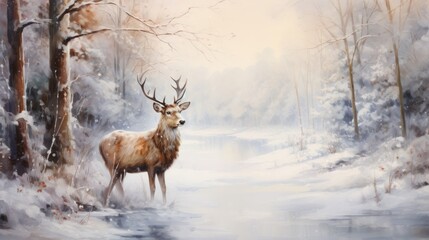 Illustration of a deer in a Christmas winter landscape