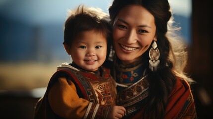 Smiling Tibetan child and mother in Tibetan costume.