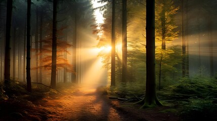 Panoramic view of a mysterious dark forest at sunset. Mighty pine trees, sunbeams, fog. Idyllic autumn landscape. Nature, environmental conservation, ecology, ecotourism