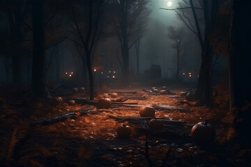 Halloween design - forest pumpkins. Horror background with autumn valley with woods, spooky trees and pumpkins. - obrazy, fototapety, plakaty