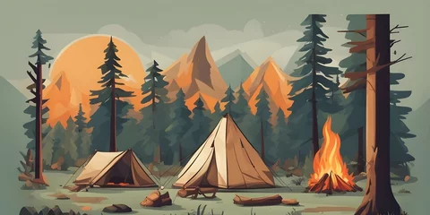 Fotobehang camping in the mountains, vector illustration © holdstillandclick