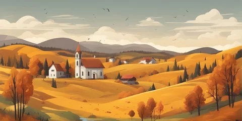 Foto op Plexiglas autumn landscape with trees and mountains, Idyll country life. Green hills, blue sky, vector illustration © holdstillandclick