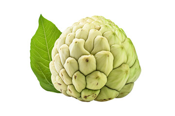 Fototapeta premium Ripe Custard Apple with green leaves isolated on transparent background, ripe tropical natural fruit concept, Healthy food with high of vitamin and minerals. Freshness of juicy fruit.