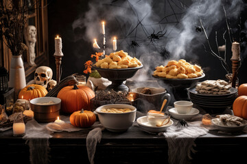 Halloween themed dinner with various dishes on spooky table, Halloween food and celebration concept