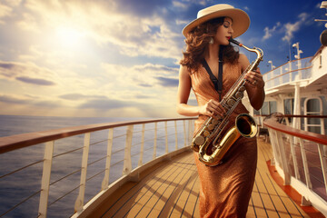 A beautiful young woman musician plays the saxophone while standing on the deck of a cruise ship. AI generated. - obrazy, fototapety, plakaty