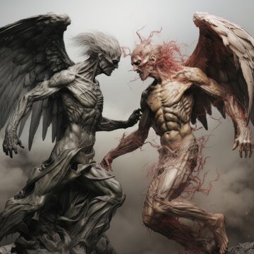 Confrontation between angel and demon, good and evil, Christian oil painting. AI