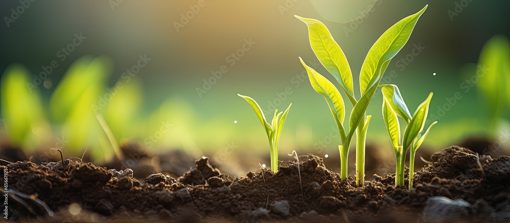 Poster young green corn seedling sprouts in a cultivated farm field in spring with a soft focus with copysp