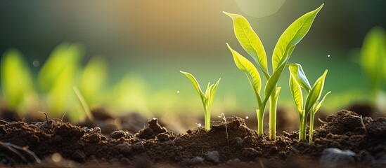 Young green corn seedling sprouts in a cultivated farm field in spring with a soft focus with copyspace for text - obrazy, fototapety, plakaty
