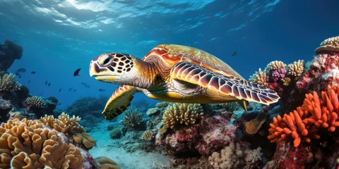  A large sea turtle sitting on a coral reef in the Red Sea. © Sasint
