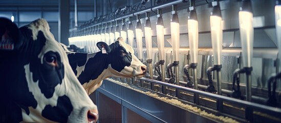 Using automatic industrial milking rotary system to milk cows in modern dairy farm with copyspace for text - obrazy, fototapety, plakaty
