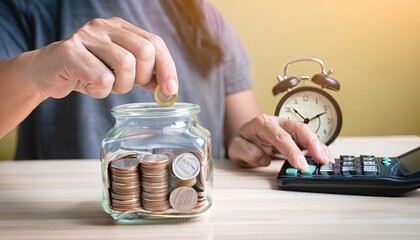 time for money, Hand putting Coins in glass jar with calculator and alarm clock for time to money saving for retirement concept 2024 - obrazy, fototapety, plakaty