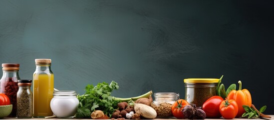 Organic food products arranged on kitchen table with variety with copyspace for text