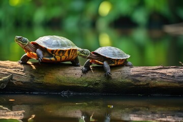 two turtles sitting on a log (generative AI)