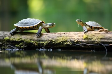 Obraz premium two turtles sitting on a log (generative AI)