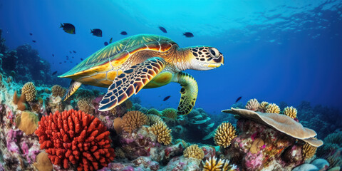 A large sea turtle sitting on a coral reef in the Red Sea.