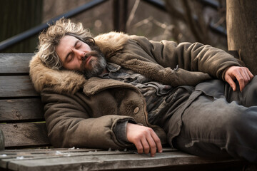 Fototapeta premium Hobo man sleeps on a bench.