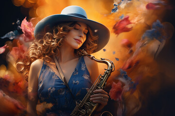 Beautiful young woman musician plays the saxophone. Abstract illustration. AI generated.