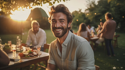 Portrait of young smiling man during picnic party with his friends - obrazy, fototapety, plakaty
