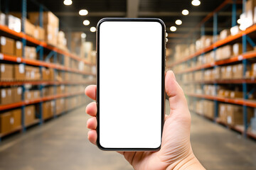 Closeup of man hands using mobile phone in warehouse, white screen, mockup, with industry...