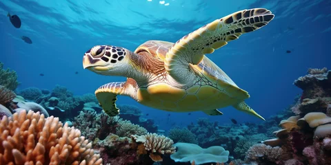 Foto auf Leinwand A large sea turtle sitting on a coral reef in the Red Sea. © Sasint