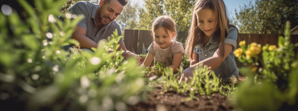 Family with children are gardening by caring for plants in their backyard