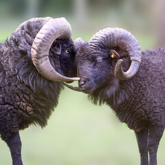 Close up of two male ouessant sheep head to head