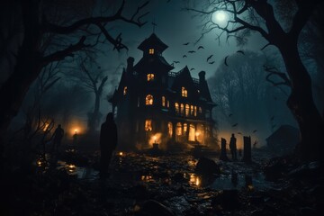 Fototapeta na wymiar Halloween, Shadowy figures and ghosts dancing around an eerie old villa surrounded by gloomy night.