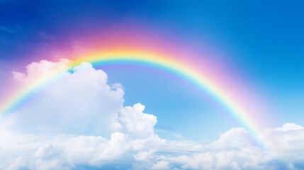Rainbow in the blue sky with cloud background, Nature background.