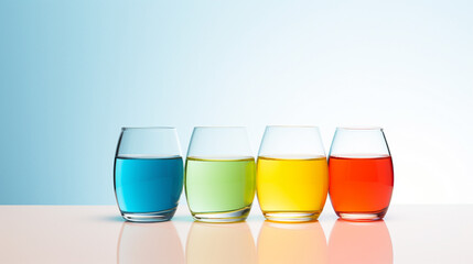 Colorful liquids in glasses on a white table against a blue background, diversity concept