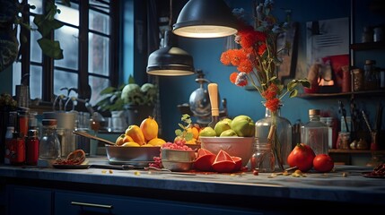 Panoramic shot of a kitchen interior with fruits and vegetables.