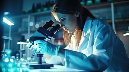 Young female researcher using microscope in scientific laboratory. Scientific research and development concept