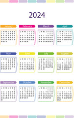 Calendario 2024 en Inglés tamaño A4. Diseño de Calendario, Ilustración vectorial.