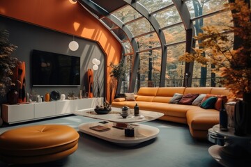 Living room features a colorful, Intelligent, and Futuristic autumn decoration style.