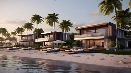 Panoramic view of luxury villas on the beach at sunset