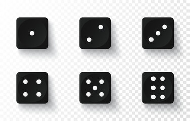 Dice game set with black cubes isolated on transparent background. Realistic gambling dices collection. Template for play in casino. White dots from one to six sign. 3d vector illustration