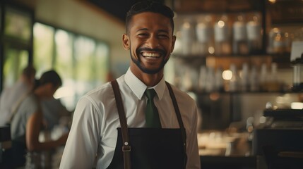 Obraz premium Cafe Culture Captured: Indian Barista in Bright Setting