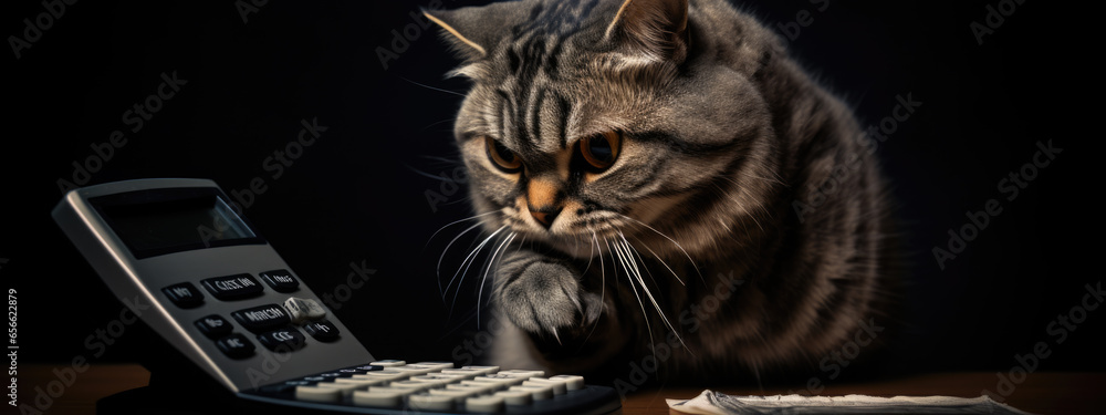 Poster serious cat in the form of an accountant sitting at a desk with a calculator