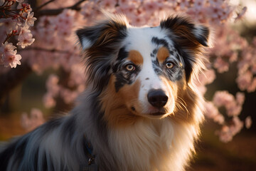 Fototapeta premium Portrait of australian shepherd dog in blooming sakura garden