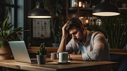 Headache, stress and burnout at home, young man suffering from fatigue and exhaustion. Frustrated, failing small business owner annoyed and under pressure from a heavy workload while working remotely