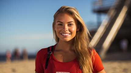 Portrait of a female lifeguard at her post on a sunny beach background - obrazy, fototapety, plakaty