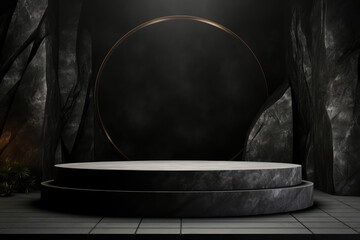 Black marble podium on dark background, empty platform for product presentation