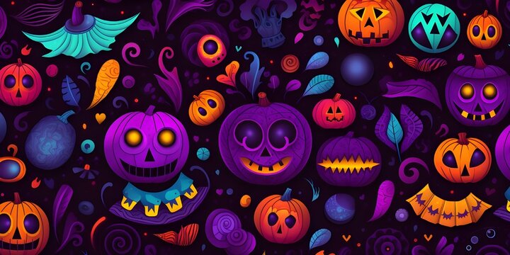Halloween pumpkin and other halloween objects seamless pattern with vibrant colors