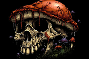 Skull with red amanita mushroom on black background. Vector illustration.