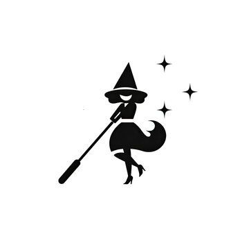 Illustration of an icon of a beautiful witch with her broom and hat drawn in black and white and without a background. Image generated with artificial intelligence.