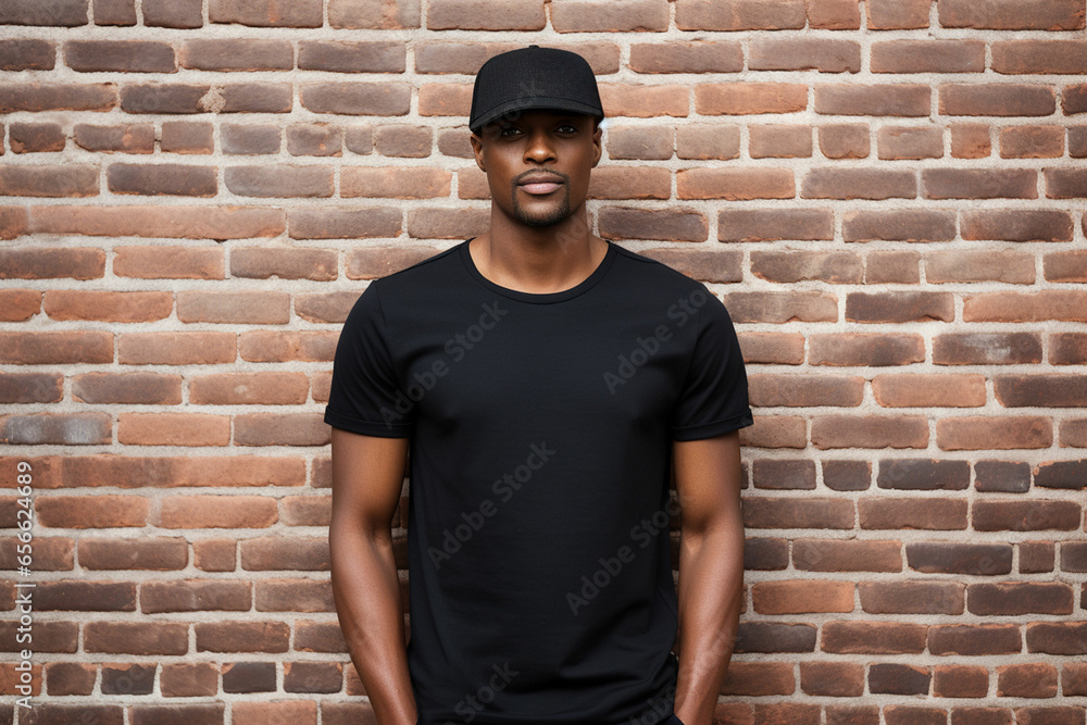 Wall mural a black man wearing a black t - shirt standing in front of a brick wall - Wall murals