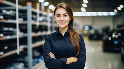 Young beautiful woman employee of auto parts store. Looks into the camera. - obrazy, fototapety, plakaty