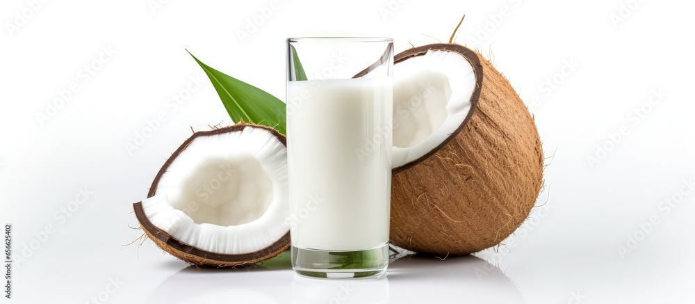 Poster half a coconut with juice isolated on white with copyspace for text