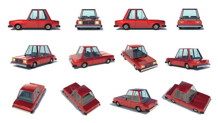 Cartoon car. Red car on a white background. Classic car. 3d render illustration mock up.